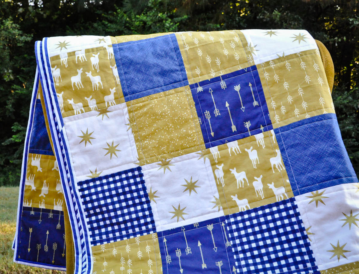 Blue and Gold Woodland Baby Boy Quilt - telafante